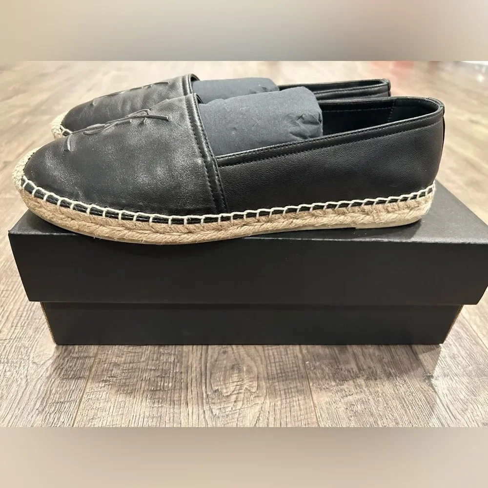 YSL Saint Laurent Black Nappa Leather Espadrilles Flat Shoes Logo - Picture 4 of 7